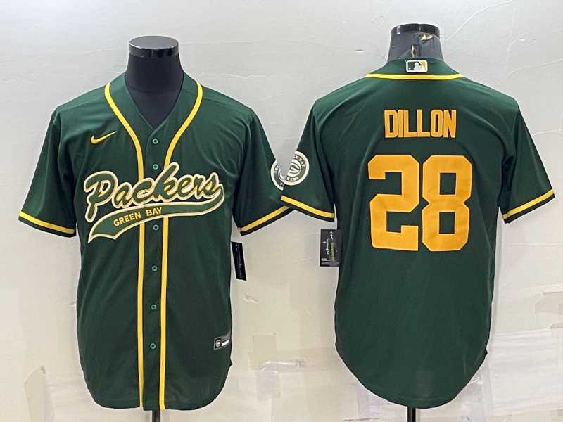 Mens Green Bay Packers #28 AJ Dillon Green Yellow With Patch Cool Base Stitched Baseball Jersey->green bay packers->NFL Jersey